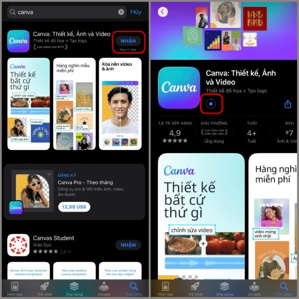 Nhập từ khóa Canva → nhấn Nhận hoặc Cài đặt