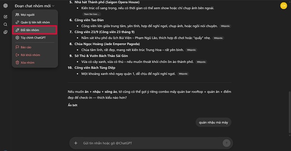 Nhấp vào mục Đoạn chat nhóm rồi chọn Đổi tên nhóm chat