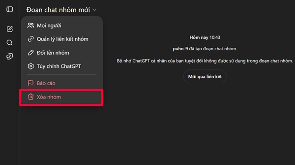 Nhấp vào mục Đoạn chat nhóm rồi chọn tùy chọn Xoá nhóm