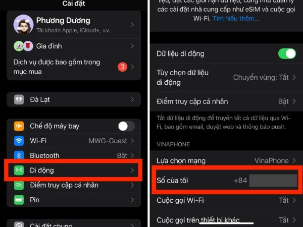 Chọn Di động → Số của tôi