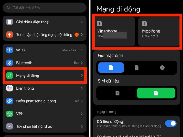 Chọn mục Trạng thái SIM
