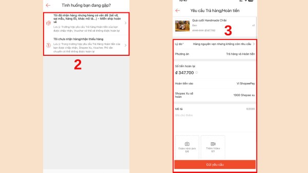 Chọn lý do hoàn trả và cung cấp bằng chứng hình ảnh/video 