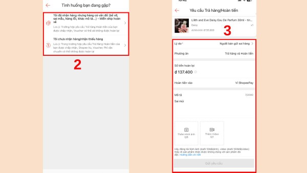 Chọn lý do trả hàng và cung cấp bằng chứng