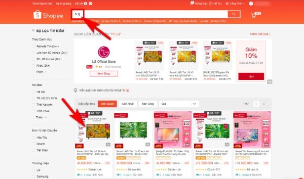 Tìm kiếm sản phẩm muốn xem giá trên Shopee