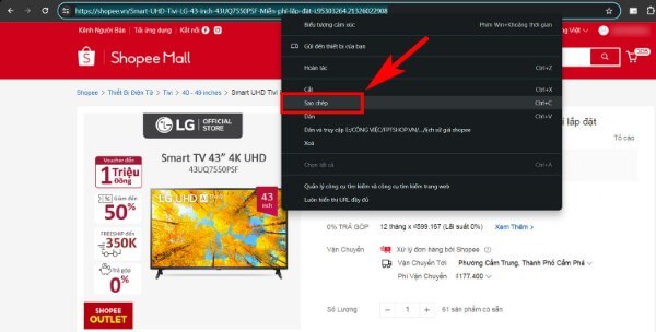 Sao chép đường link sản phẩm