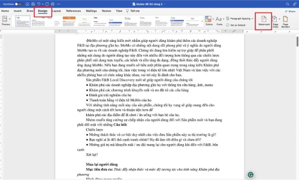 Mở tab Design → chọn biểu tượng Watermark