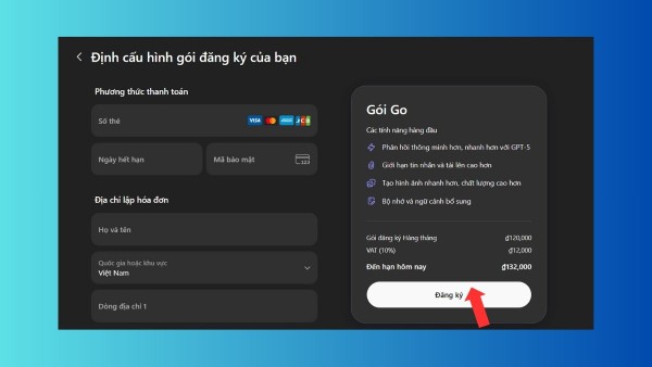 Tiến hành thanh toán gói ChatGPT Go