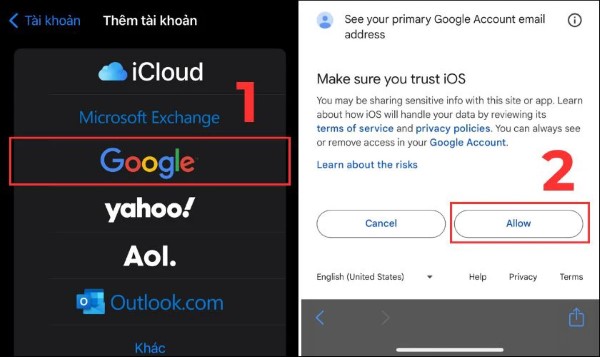 Chọn Google → đăng nhập bằng tài khoản