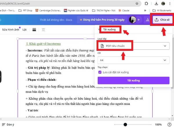 Nhấn chọn Chia sẻ → Tải xuống → PDF In