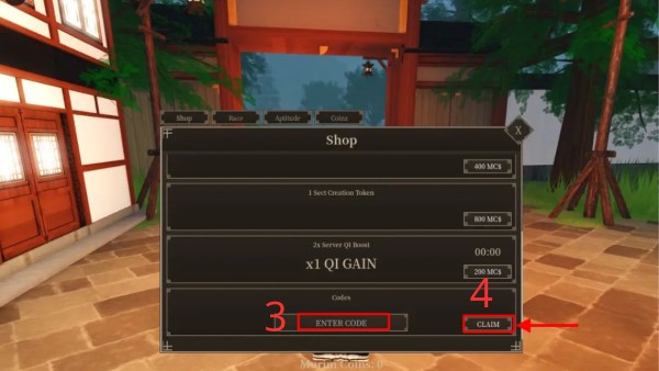 Nhập chính xác mã Code Murim Cultivation vào ô trống