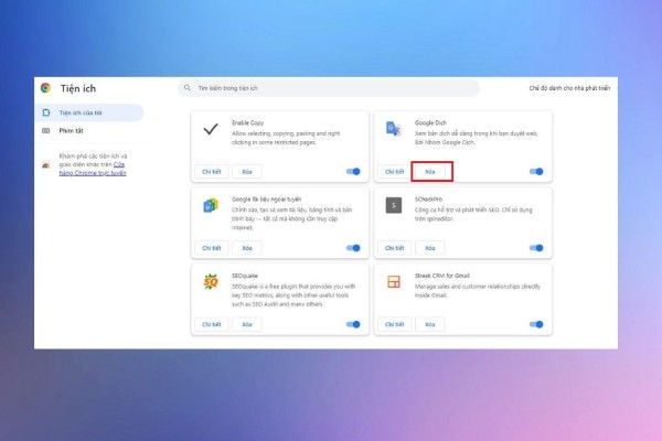 Chọn tiện ích muốn xóa