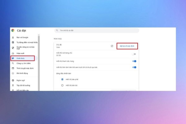 Chọn Cài đặt > Hình thức > Đặt lại về mặc định
