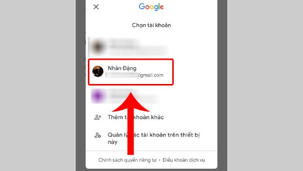 Chọn tài khoản Gmail