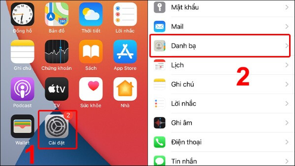 Mở Cài đặt → Danh bạ