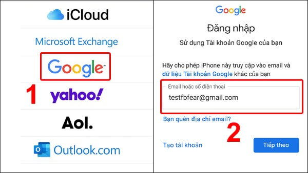Chọn Google và đăng nhập tài khoản Gmail