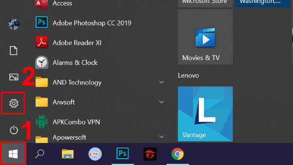 Nhấn Start Menu → chọn Settings