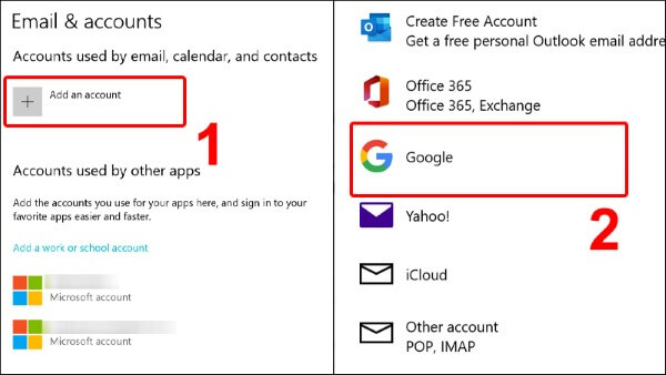 Chọn Add an account → Google
