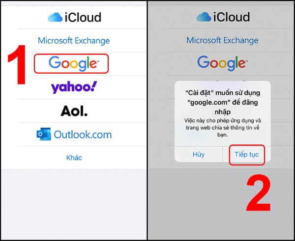 Chọn Google → Tiếp tục