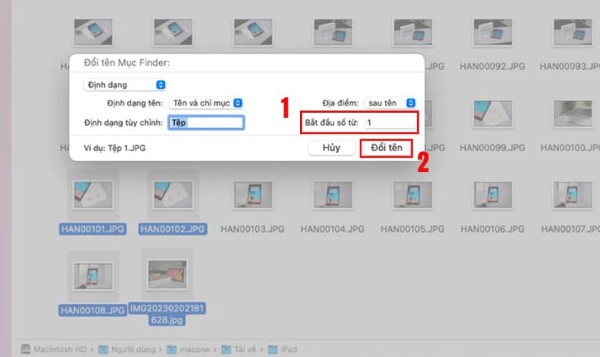 Nhập vị trí số thứ tự và số bắt đầu → nhấn Đổi tên 