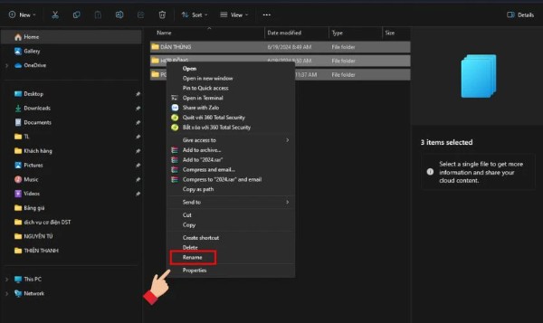 Nhấp chuột phải vào một file → chọn Rename