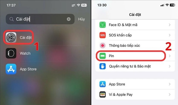 Vào phần cài đặt và chọn Pin