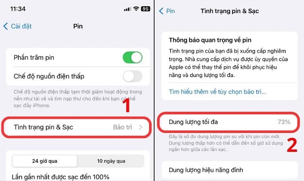 Dung lượng tối đa sẽ hiển thị tình trạng pin