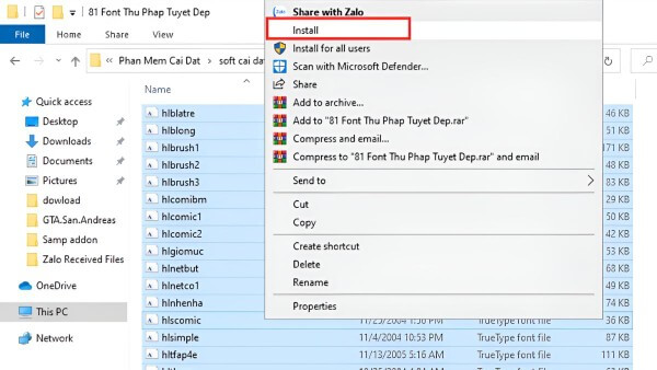 Nhấn chuột phải vào tệp font > chọn Install 