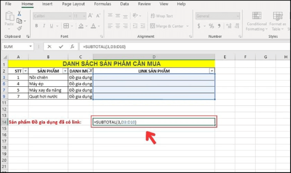 Nhập công thức: =SUBTOTAL(3, D3:D10)