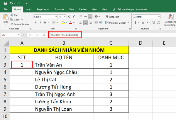 Nhập công thức: =SUBTOTAL(3, $B$3:B3)