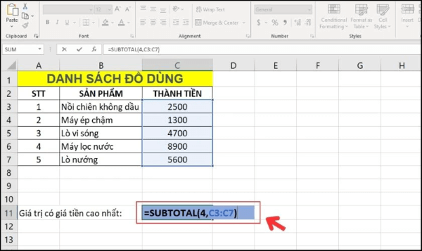 Nhập công thức: =SUBTOTAL(4, C3:C7)