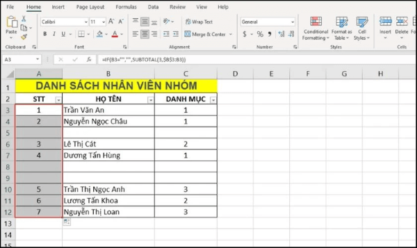 Kéo công thức xuống toàn bộ bảng