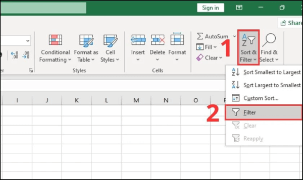 Chọn Filter để bật bộ lọc