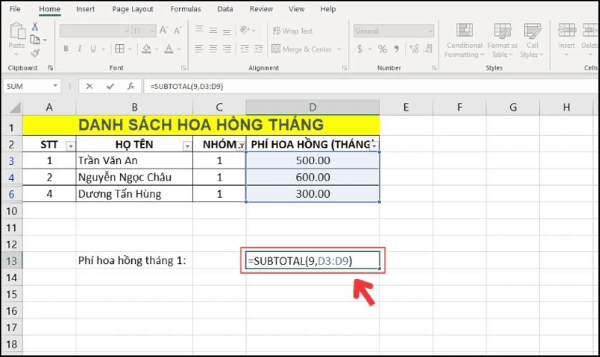 Nhập công thức: =SUBTOTAL(9, D3:D9)