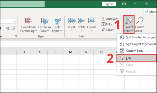 Chọn Sort & Filter → Filter