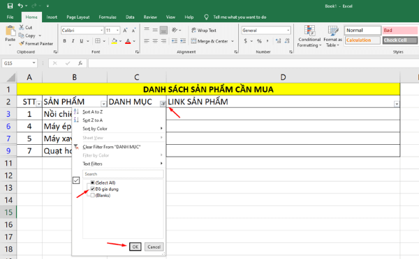 Lọc Đồ gia dụng → OK