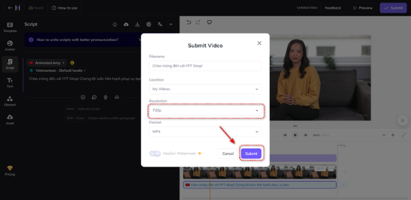 Nhấn Submit để hoàn tất xử lý video