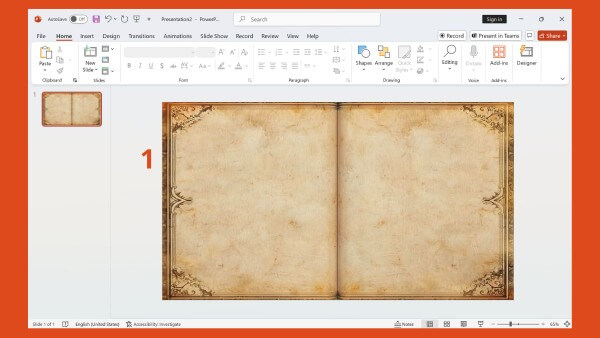 Mở PowerPoint và chèn hình nền thiết kế trang sách