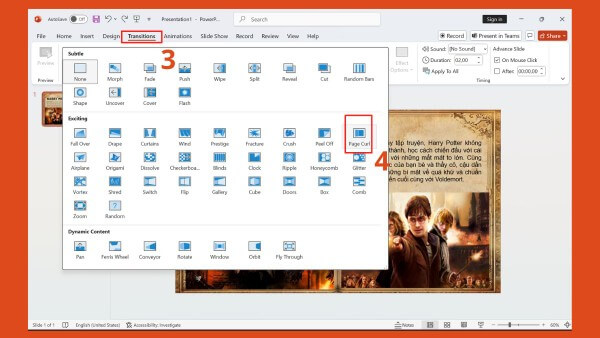 Chọn thẻ “Transitions” → chọn hiệu ứng “Page Curl”
