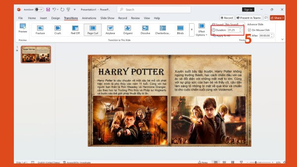 Điều chỉnh thời gian hiển thị slide tại mục “Duration” 