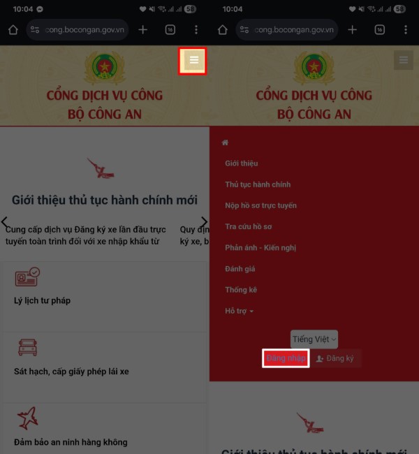 Nhấn biểu tượng ba gạch ngang