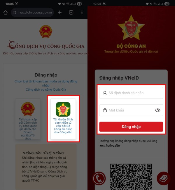 Tiến hành đăng nhập bằng tài khoản định danh điện tử