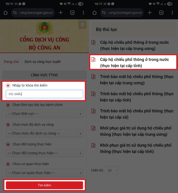 Chọn “Hộ chiếu” → chọn mục “Cấp hộ chiếu phổ thông trong nước”