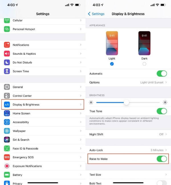 Chọn tắt Raise to Wake