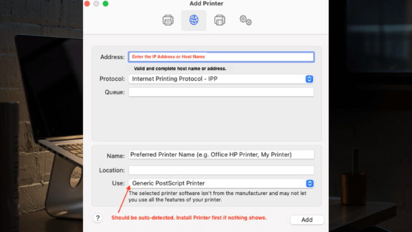 Nhập địa chỉ IP của máy in vào ô thông tin