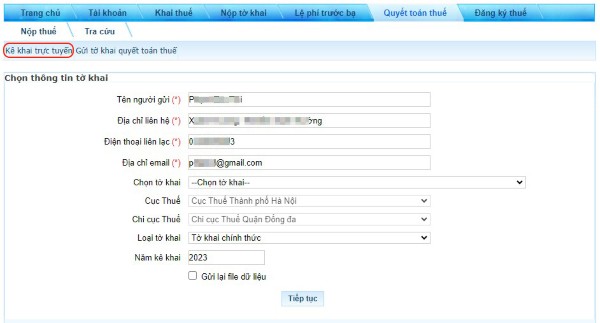 Chọn Kê khai thuế trực tuyến