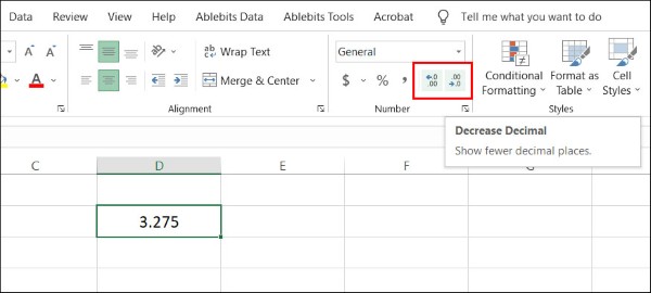Sử dụng 2 nút Increase Decimal hoặc Decrease Decimal 