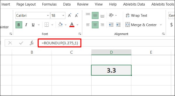 Nhập công thức =ROUNDUP(3.275, 1)