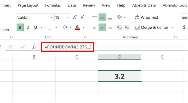 Nhập công thức =ROUNDDOWN(3.275, 1)