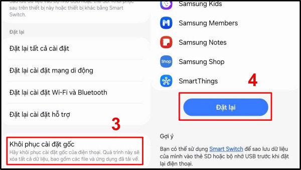 Nhấn Đặt lại tại mục Khôi phục cài đặt gốc
