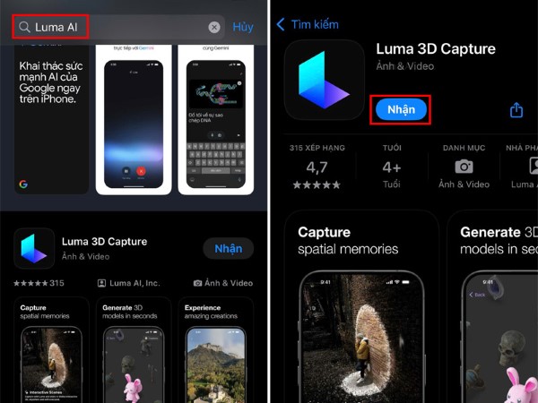 Nhập từ khóa Luma AI và nhấn Nhận